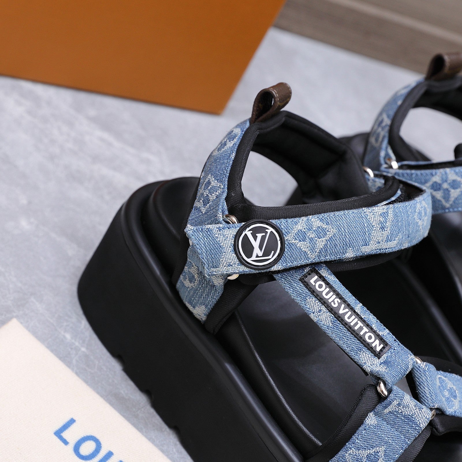 LV 26S CHAMELEON PLATFORM SANDALS 60MM IN BLUE MONOGRAM DENIM AND EVA