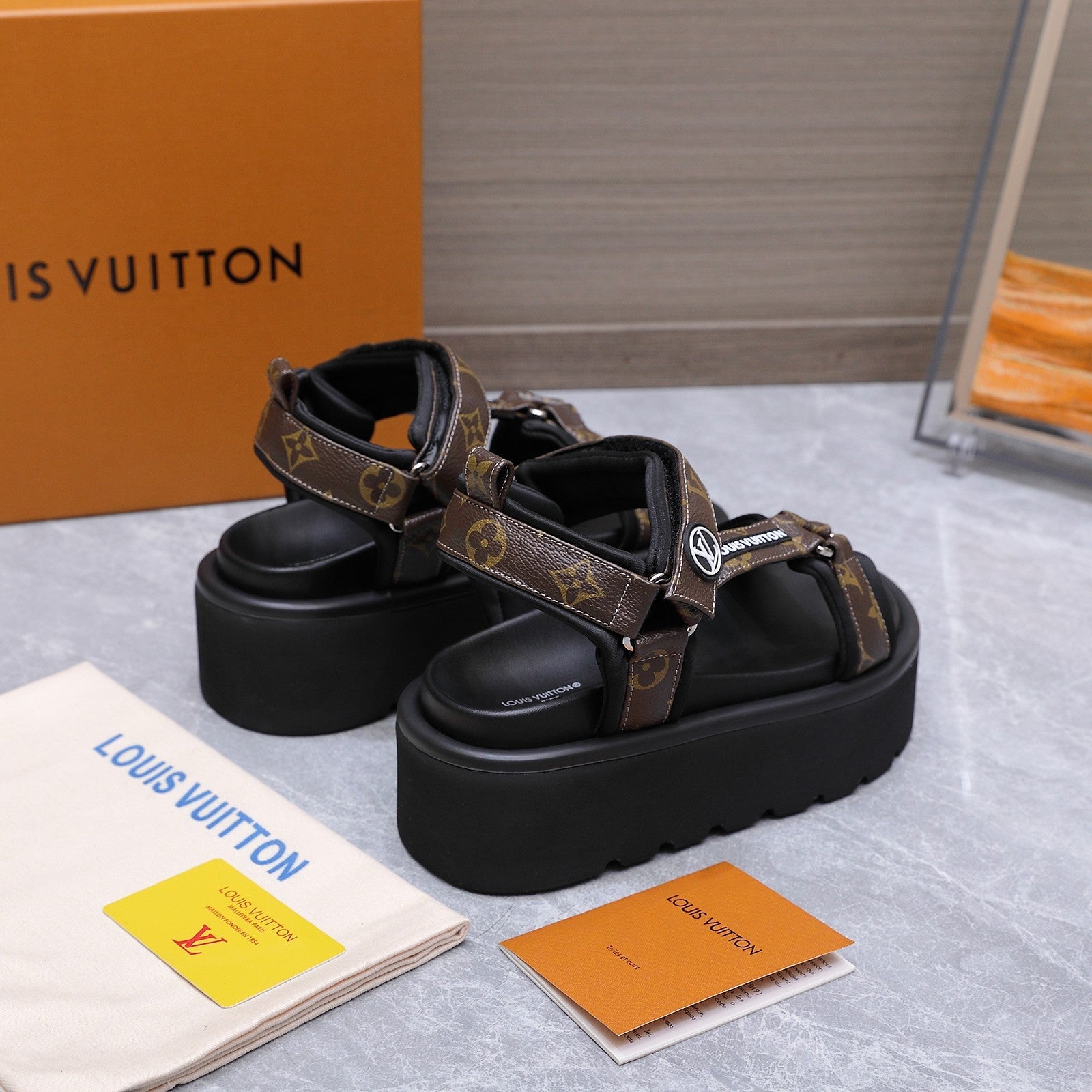 LV 26S CHAMELEON PLATFORM SANDALS 60MM IN DARK BROWN MONOGRAM CALFSKIN AND EVA