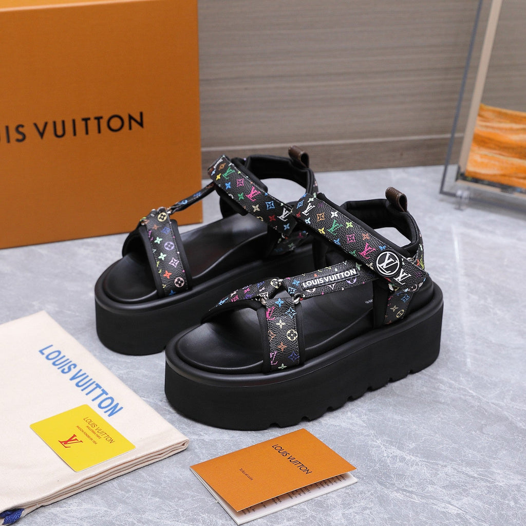 LV 26S CHAMELEON PLATFORM SANDALS 60MM IN BLACK MULTICOLOR MONOGRAM CALFSKIN AND EVA