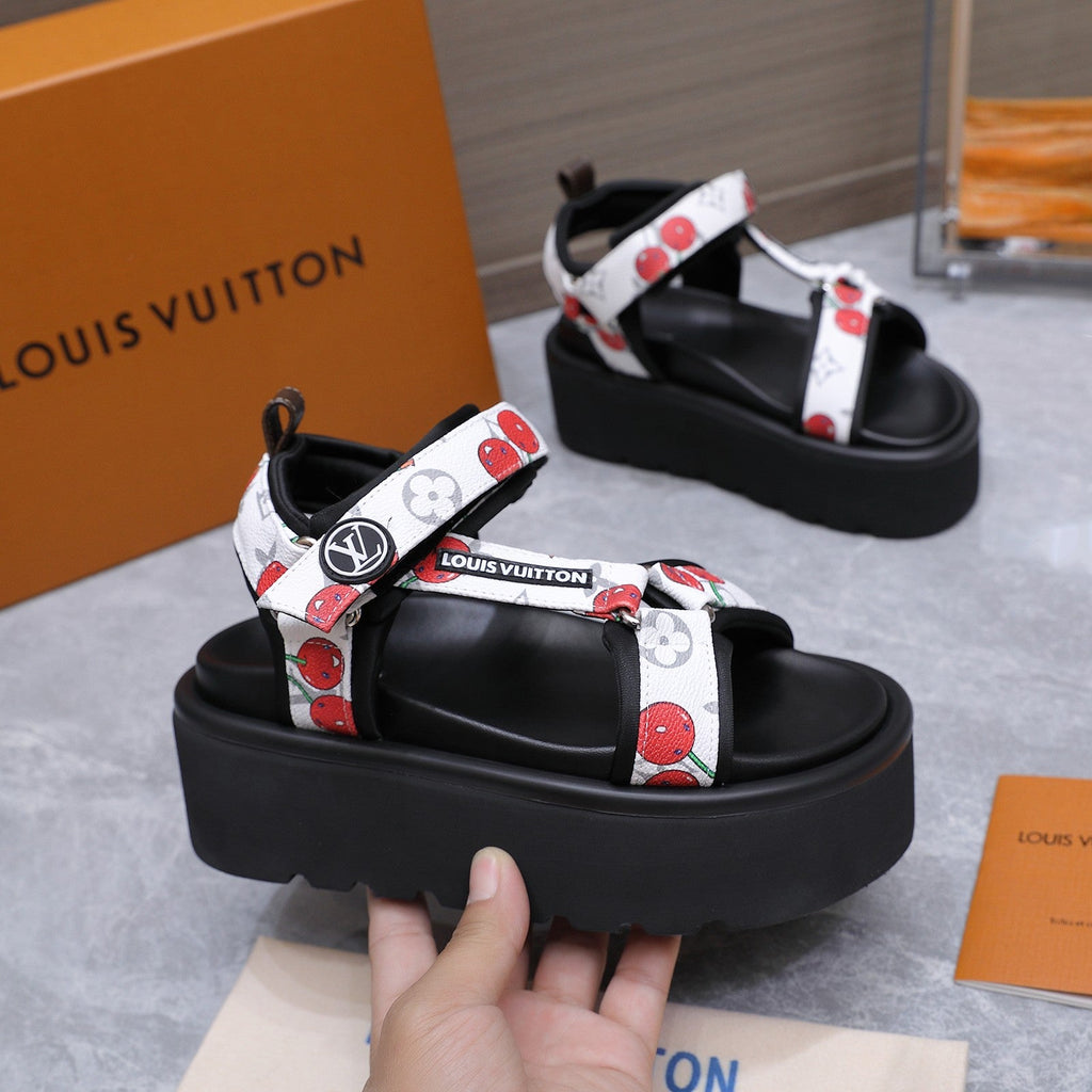LV 26S CHAMELEON PLATFORM SANDALS 60MM IN WHITE CHERRY MONOGRAM CALFSKIN AND EVA