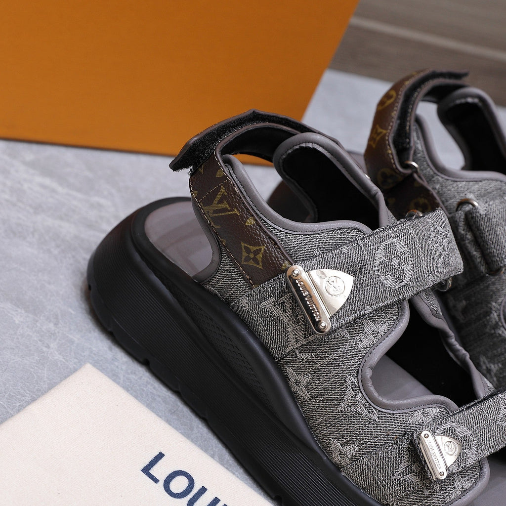 LV 26S CHAMELEON SANDALS 60MM IN GREY MONOGRAM COATED DENIM AND EVA