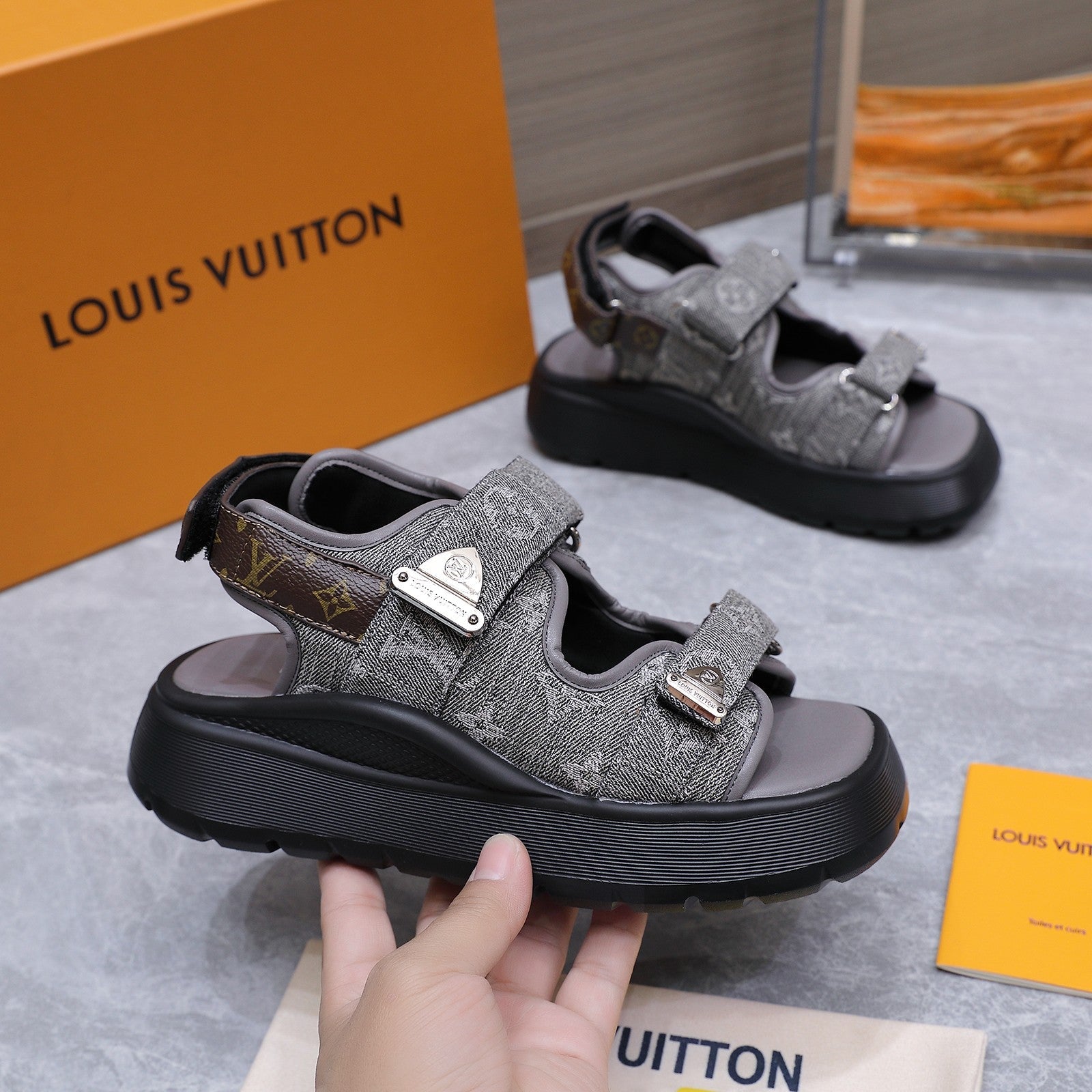 LV 26S CHAMELEON SANDALS 60MM IN GREY MONOGRAM COATED DENIM AND EVA