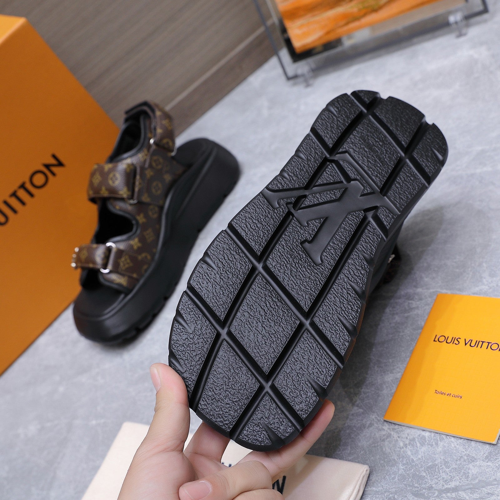 LV 26S CHAMELEON SANDALS 60MM IN DARK BROWN MONOGRAM COATED CALFSKIN AND EVA