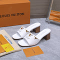 LV 26S BLOCK HEEL MULE SANDALS 55MM IN WHITE CALFSKIN GOLD HARDWARE