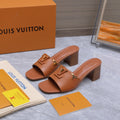 LV 26S BLOCK HEEL MULE SANDALS 55MM IN ORANGE BROWN CALFSKIN GOLD HARDWARE