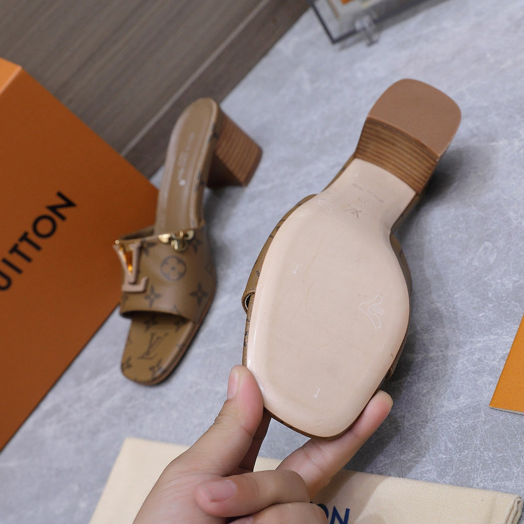 LV 26S BLOCK HEEL MULE SANDALS 55MM IN BROWN MONOGRAM CALFSKIN GOLD HARDWARE