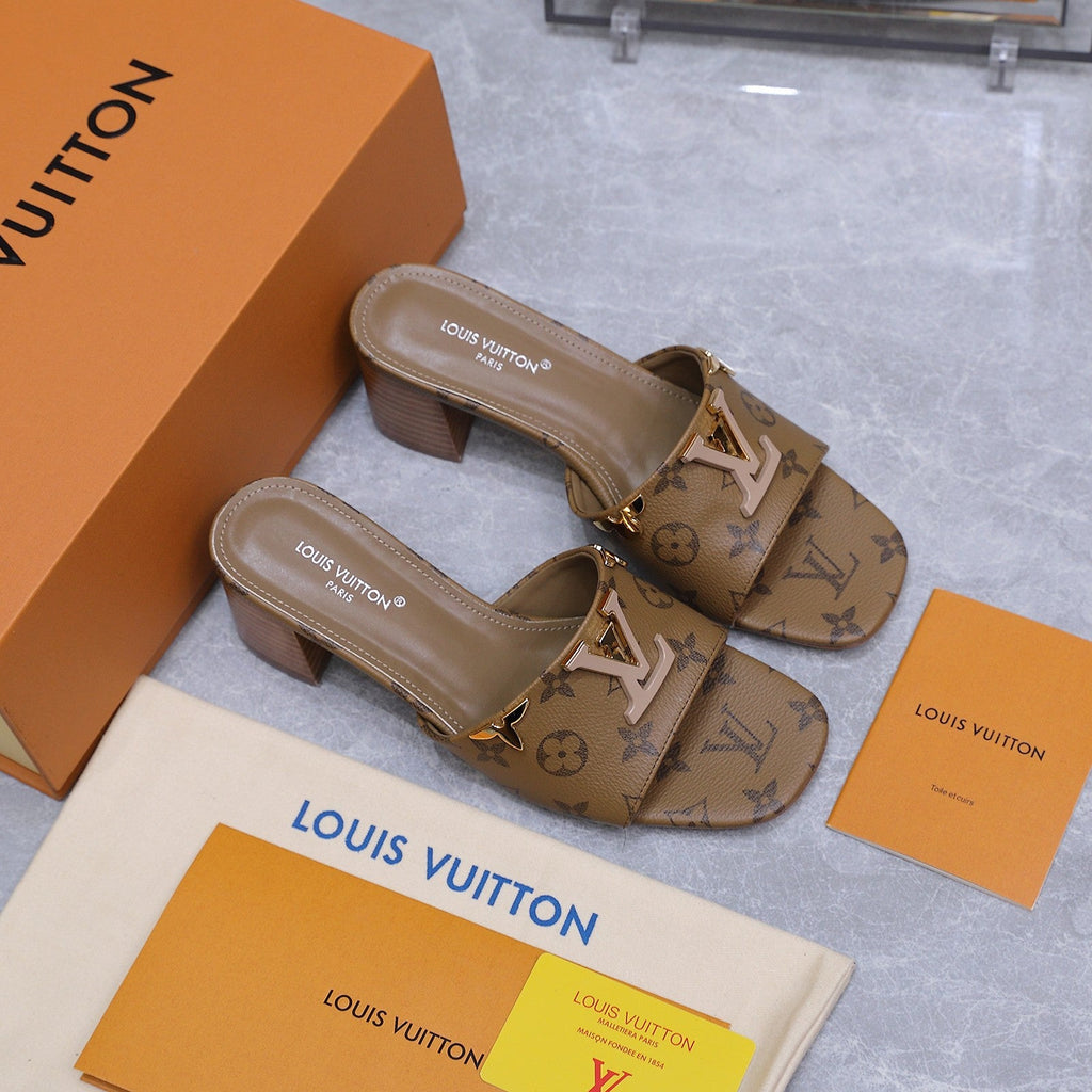 LV 26S BLOCK HEEL MULE SANDALS 55MM IN BROWN MONOGRAM CALFSKIN GOLD HARDWARE