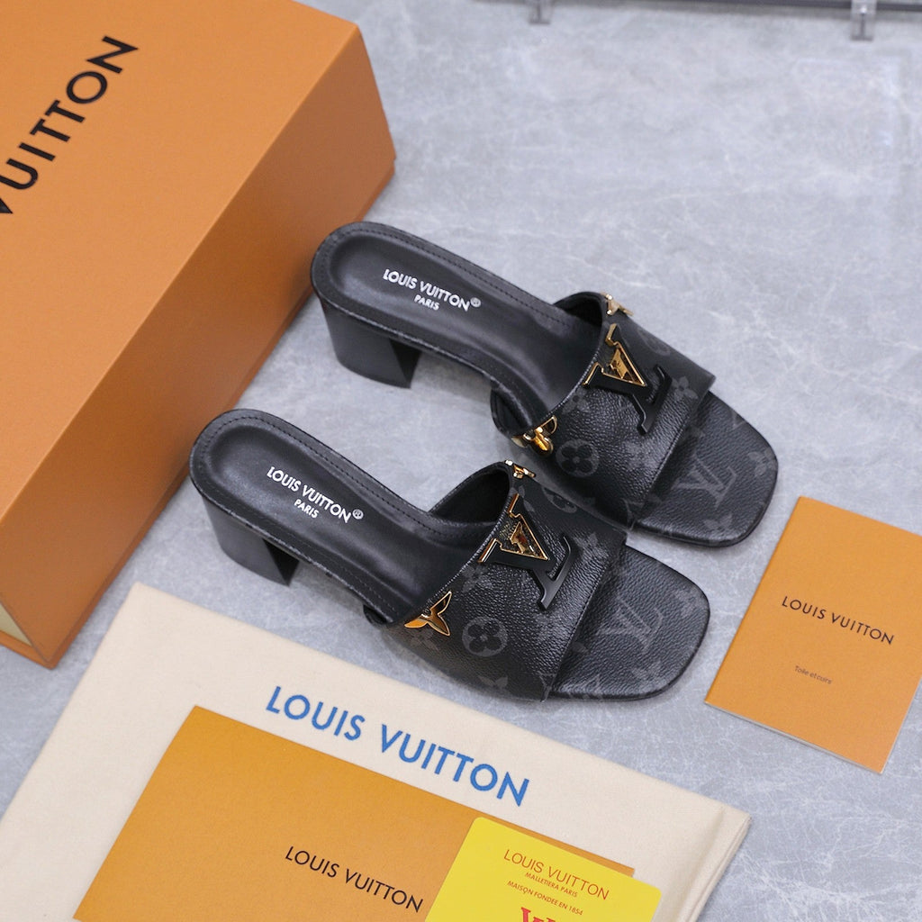 LV 26S BLOCK HEEL MULE SANDALS 55MM IN BLACK MONOGRAM CALFSKIN GOLD HARDWARE