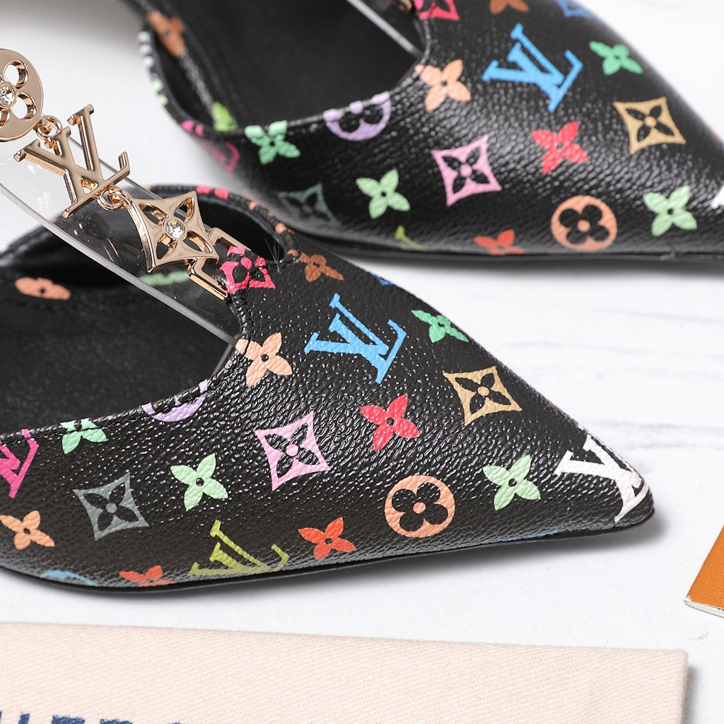 LV 26S ELEGANT T-STRAP HEELS 65MM IN BLACK MULTICOLOR MONOGRAM CALFSKIN GOLD HARDWARE
