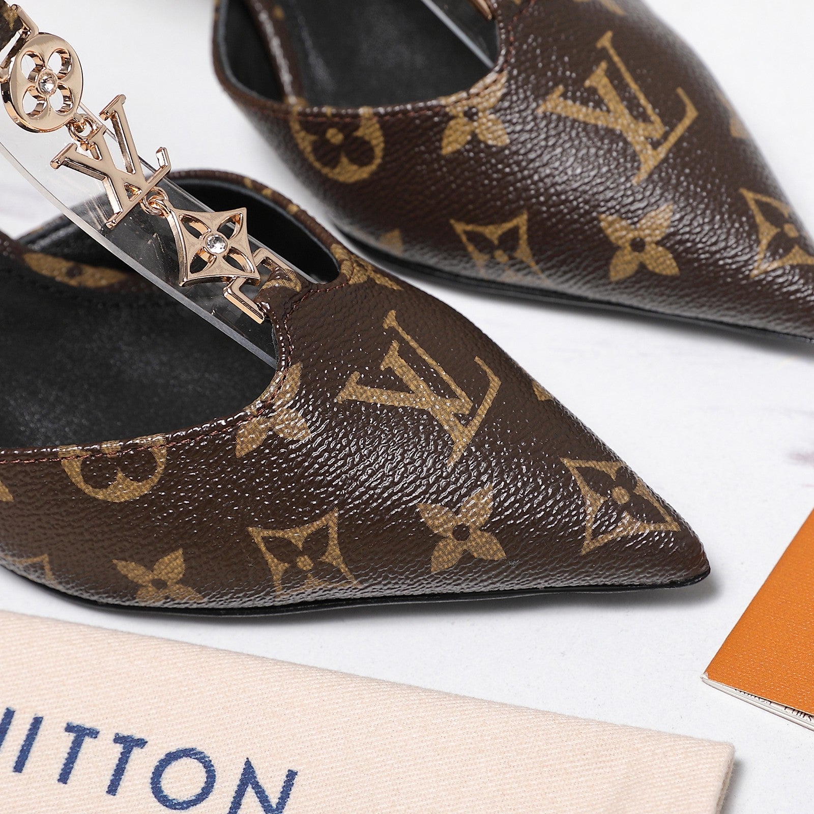 LV 26S ELEGANT T-STRAP HEELS 65MM IN DARK BROWN MONOGRAM CALFSKIN GOLD HARDWARE
