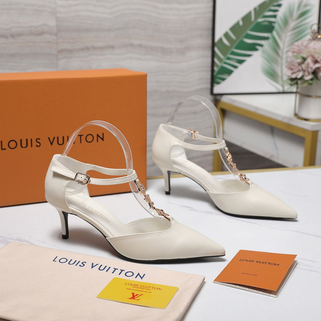 LV 26S ELEGANT T-STRAP HEELS 65MM IN CREAM WHITE CALFSKIN GOLD HARDWARE