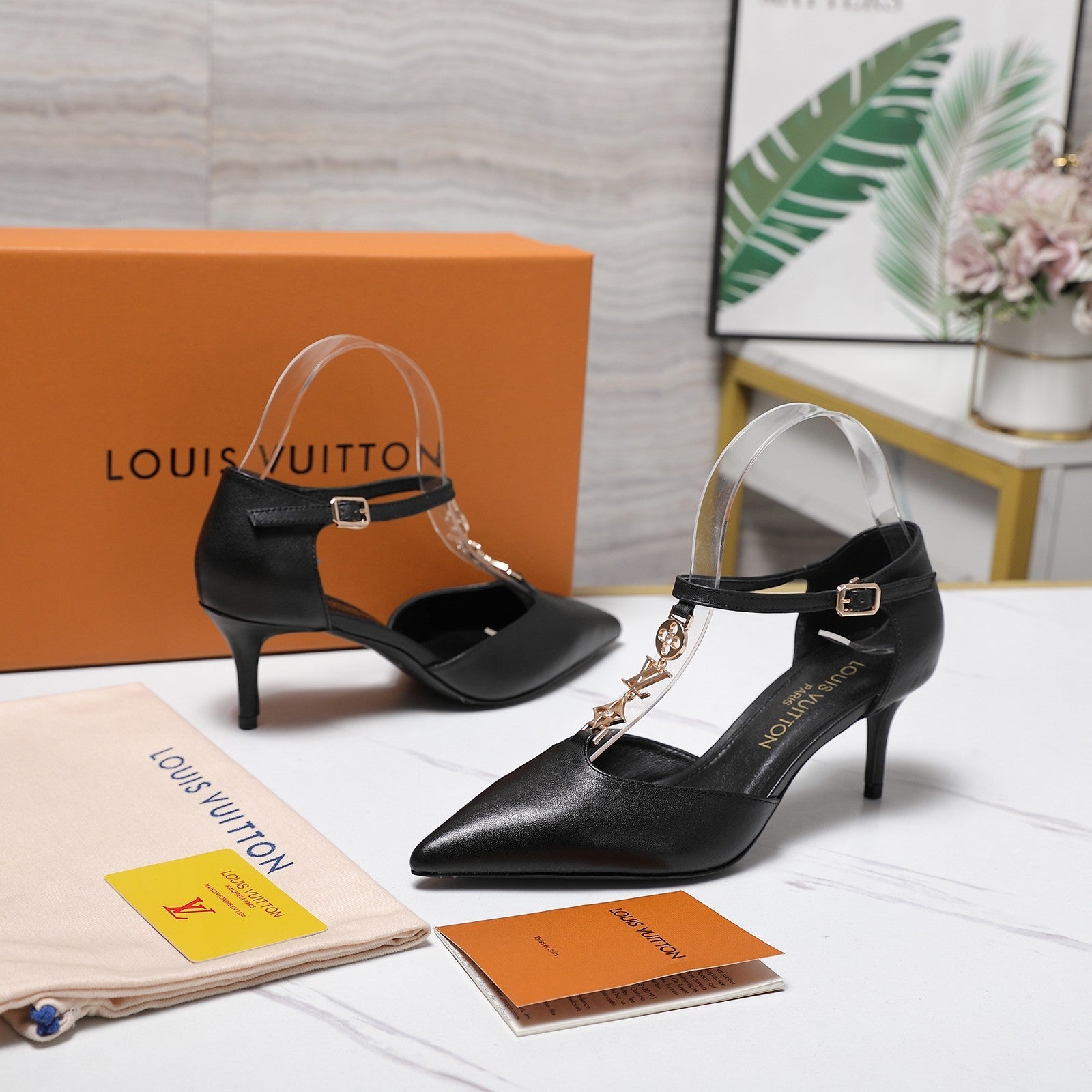 LV 26S ELEGANT T-STRAP HEELS 65MM IN BLACK CALFSKIN GOLD HARDWARE