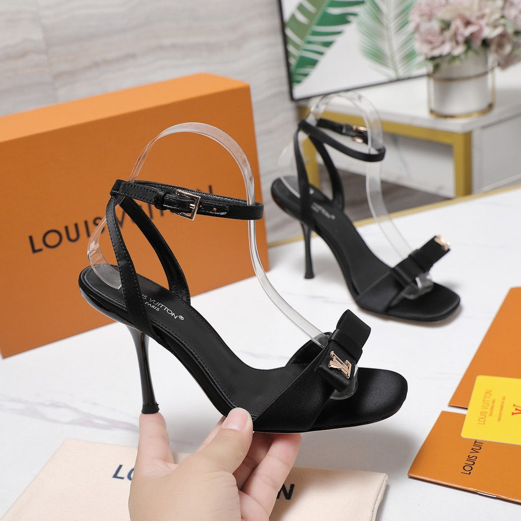LV 26S 6AM SANDALS 90MM IN BLACK SATIN WITH BOW