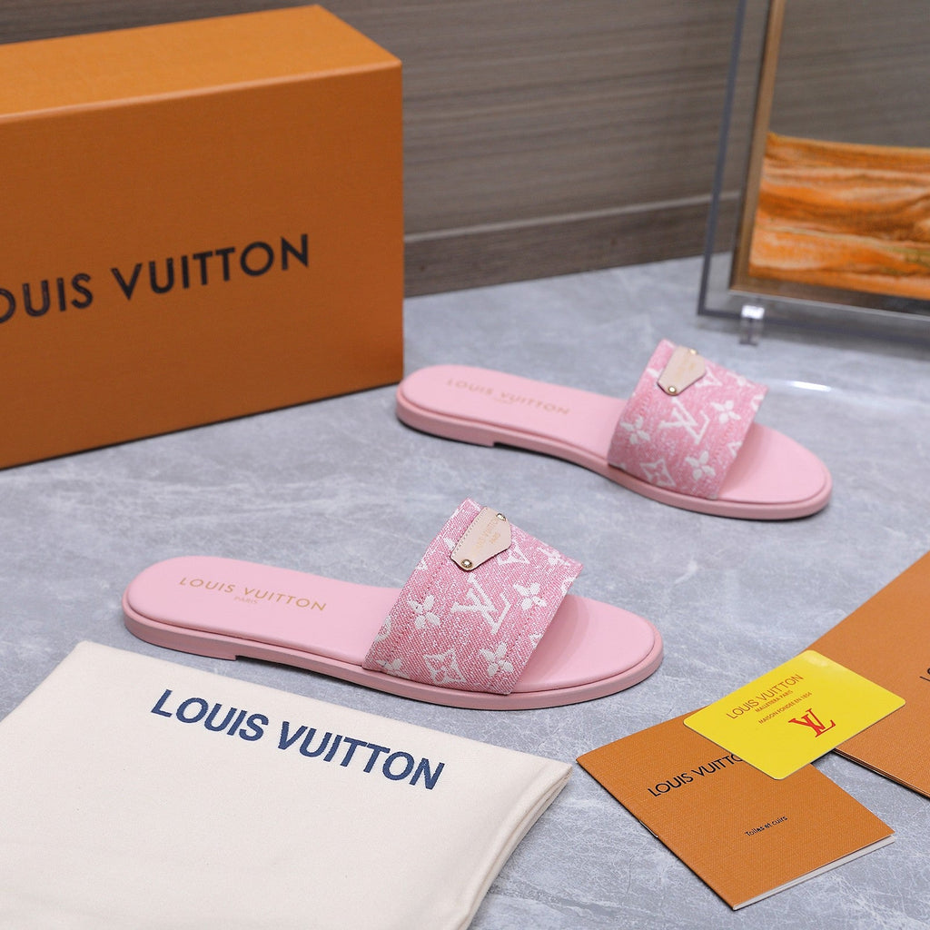 LV 26S FLAT SLIDE SANDALS IN LIGHT PINK MONOGRAM CANVAS AND CALFSKIN