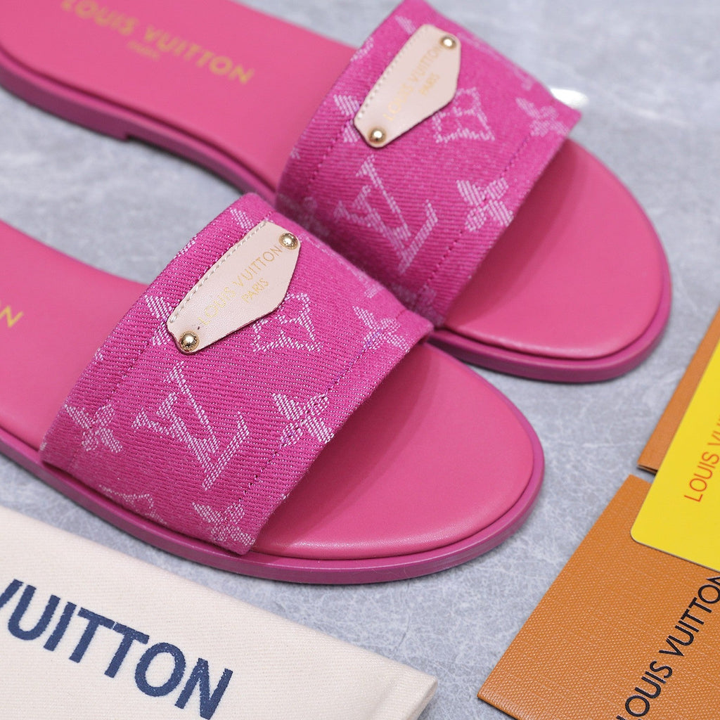 LV 26S FLAT SLIDE SANDALS IN HOT PINK MONOGRAM CANVAS AND CALFSKIN
