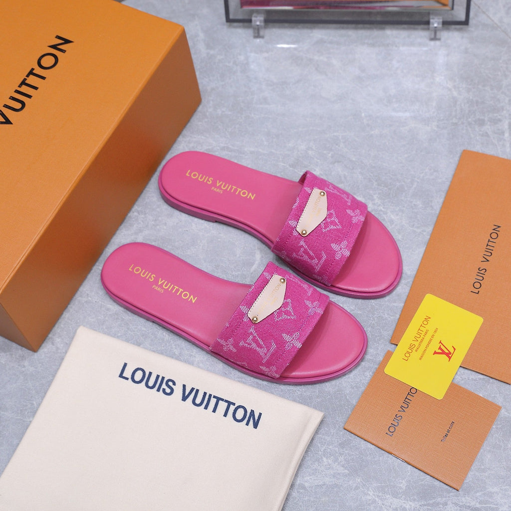 LV 26S FLAT SLIDE SANDALS IN HOT PINK MONOGRAM CANVAS AND CALFSKIN