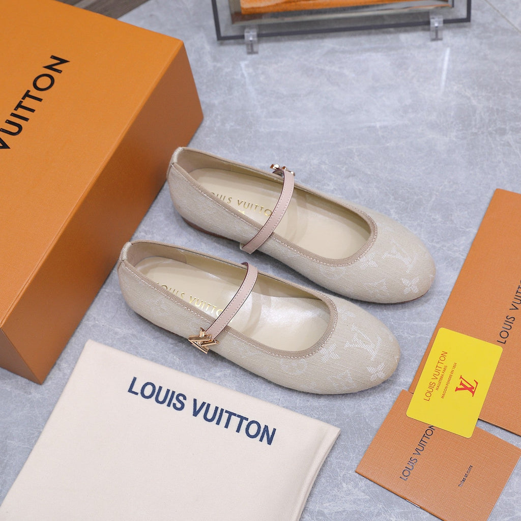 LV 26S MARY JANE FLATS IN BEIGE MONOGRAM DENIM WITH CALFSKIN STRAP