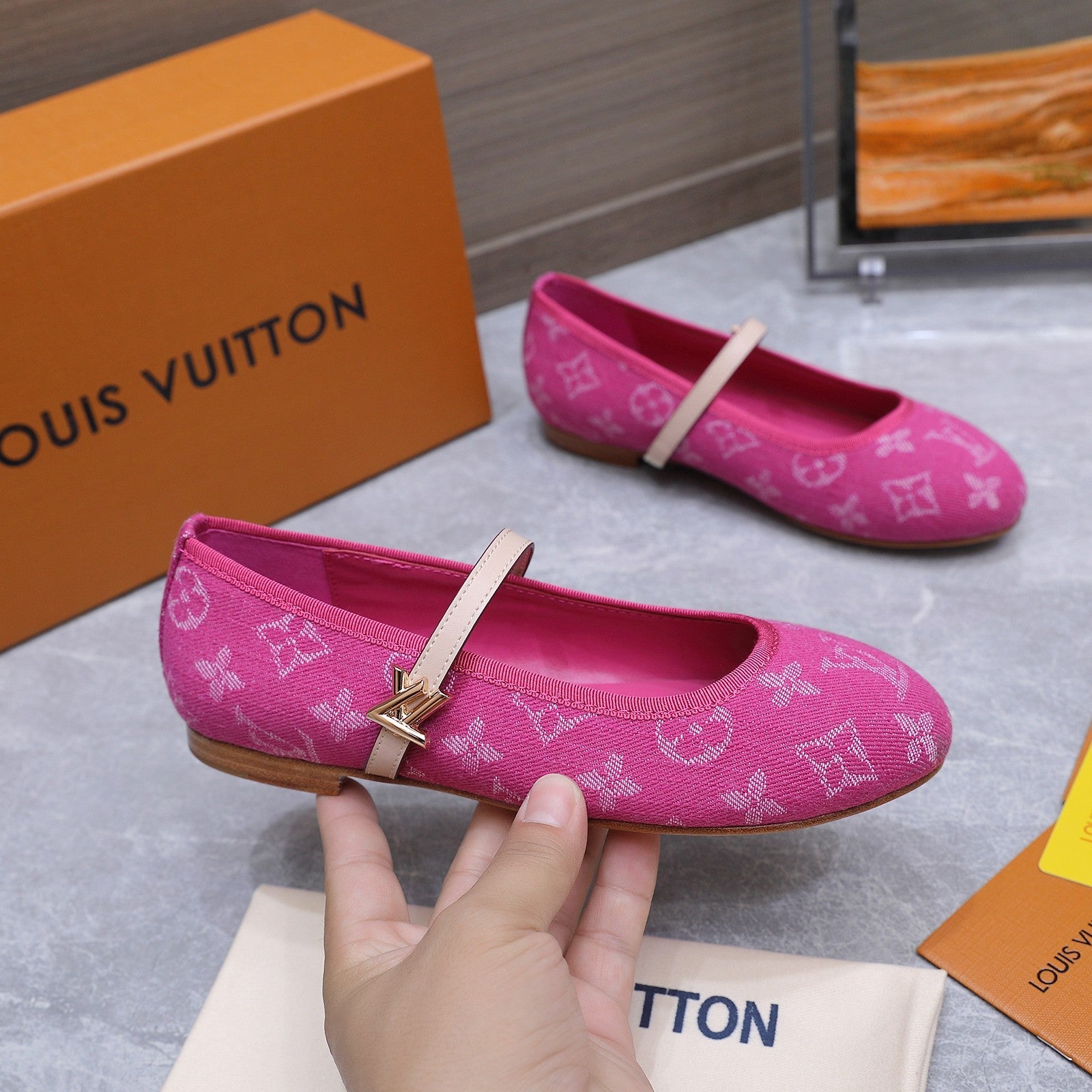LV 26S MARY JANE FLATS IN HOT PINK MONOGRAM DENIM WITH CALFSKIN STRAP