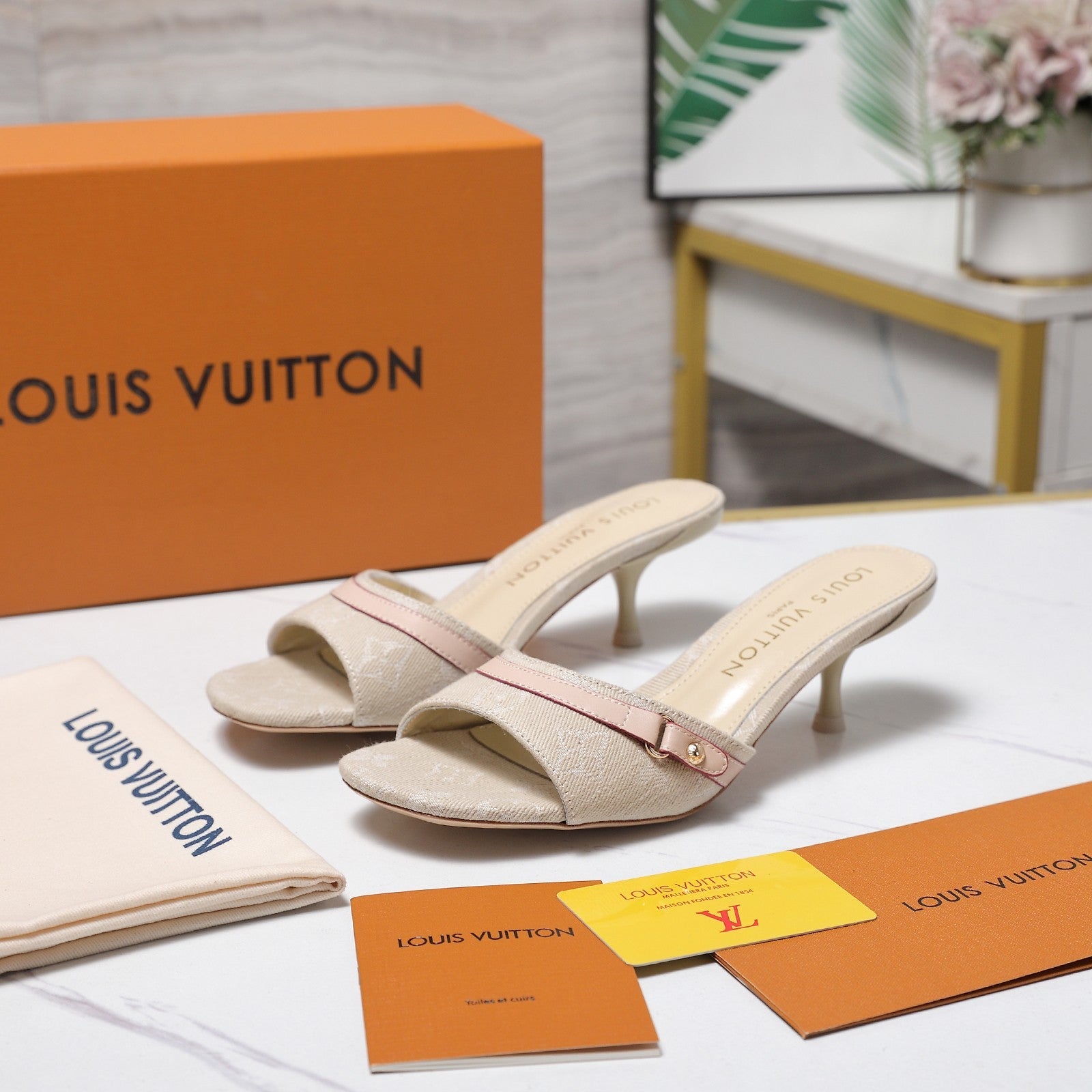 LV 26S HIGH HEELED MULES 55MM IN BEIGE EMBROIDERED MONOGRAM CANVAS