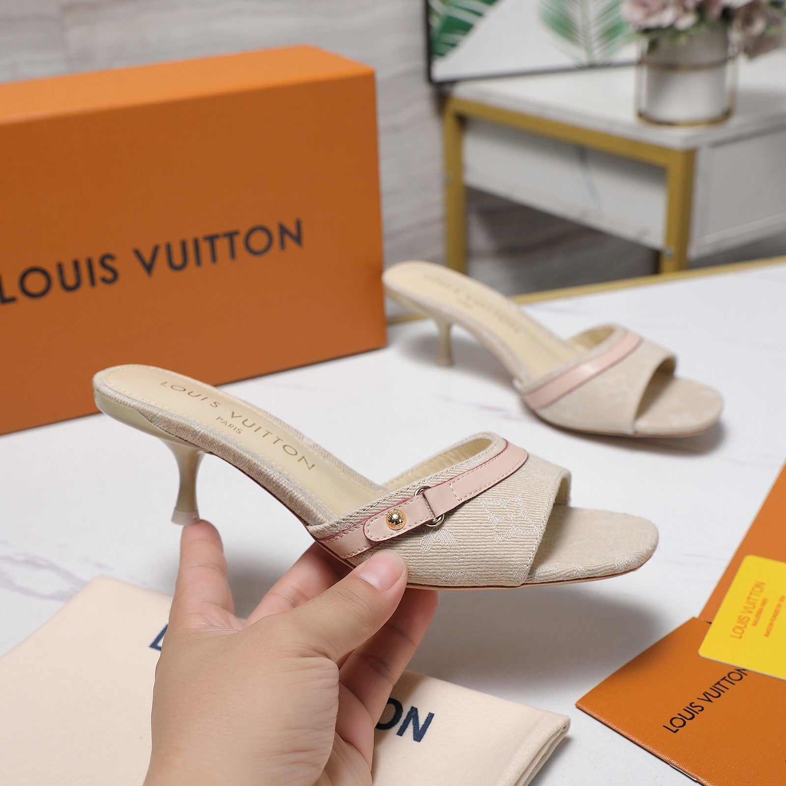 LV 26S HIGH HEELED MULES 55MM IN BEIGE EMBROIDERED MONOGRAM CANVAS