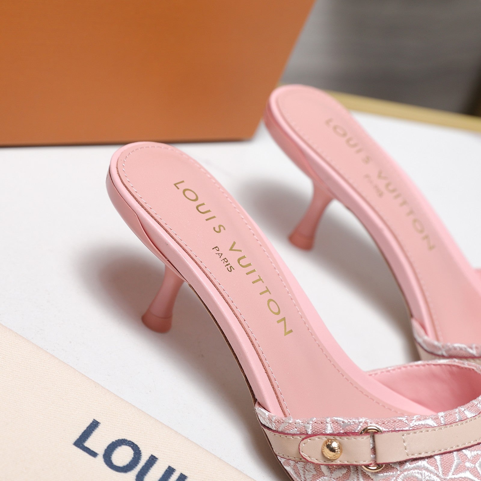 LV 26S HIGH HEELED MULES 55MM IN LIGHT PINK EMBROIDERED MONOGRAM CANVAS