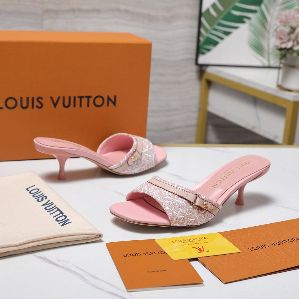 LV 26S HIGH HEELED MULES 55MM IN LIGHT PINK EMBROIDERED MONOGRAM CANVAS