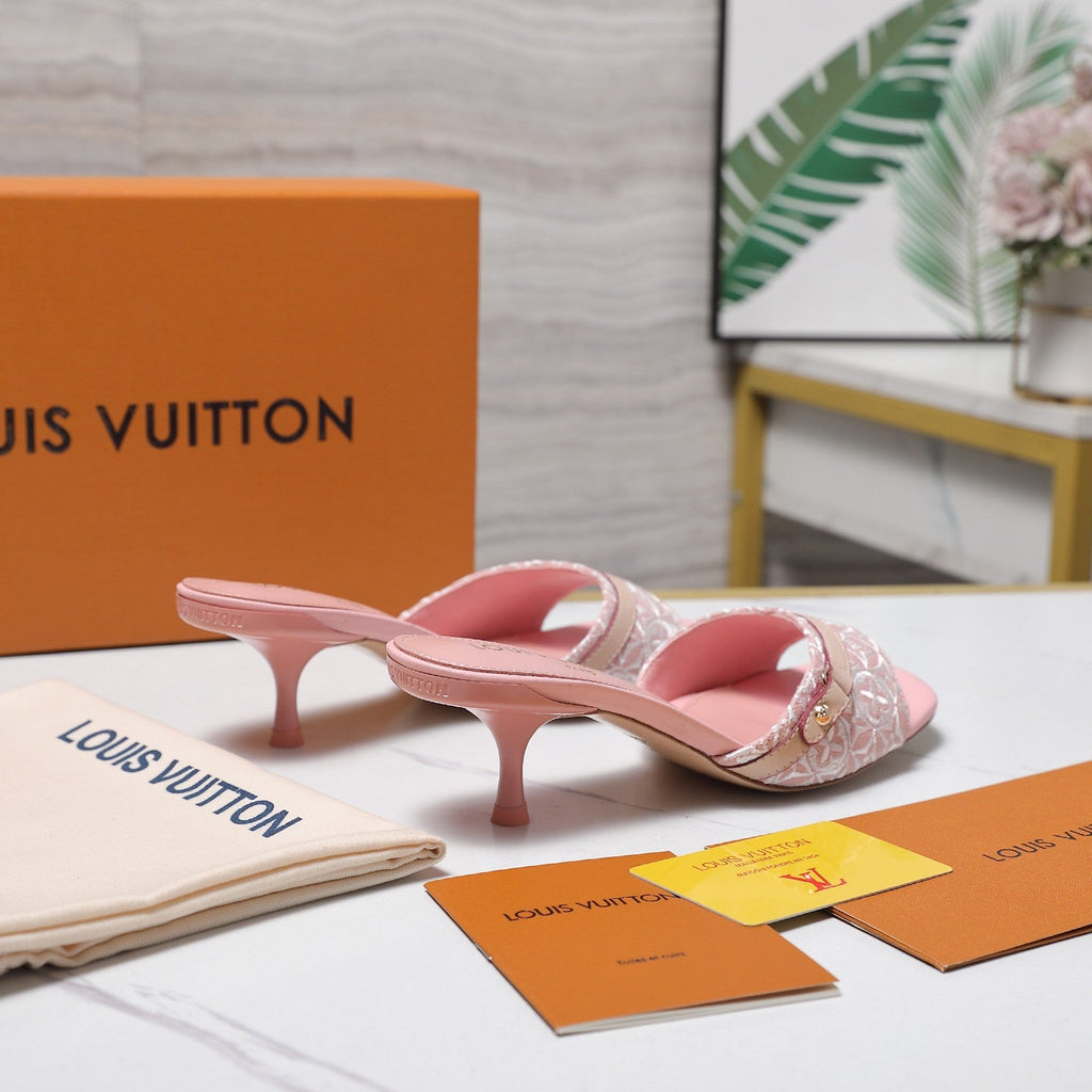LV 26S HIGH HEELED MULES 55MM IN LIGHT PINK EMBROIDERED MONOGRAM CANVAS