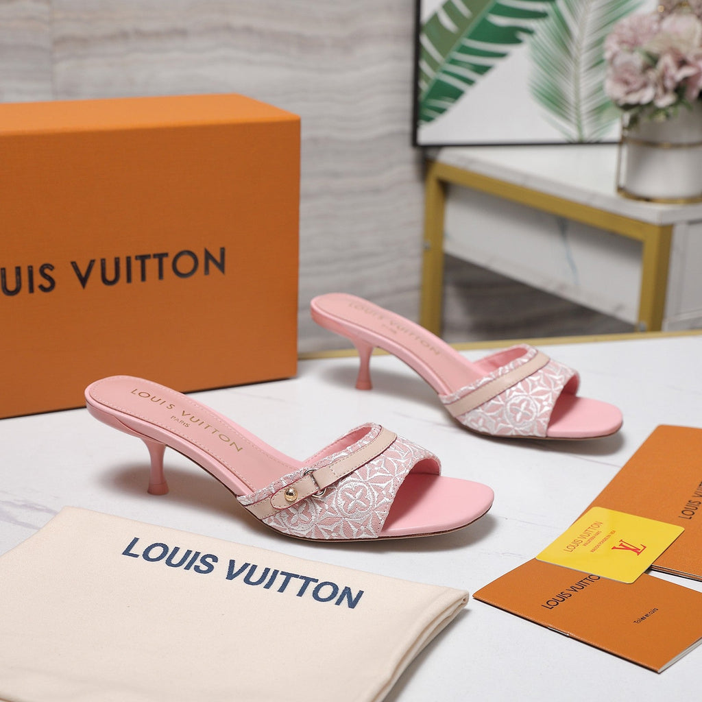 LV 26S HIGH HEELED MULES 55MM IN LIGHT PINK EMBROIDERED MONOGRAM CANVAS