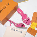 LV 26S HIGH HEELED MULES 55MM IN HOT PINK EMBROIDERED MONOGRAM CANVAS