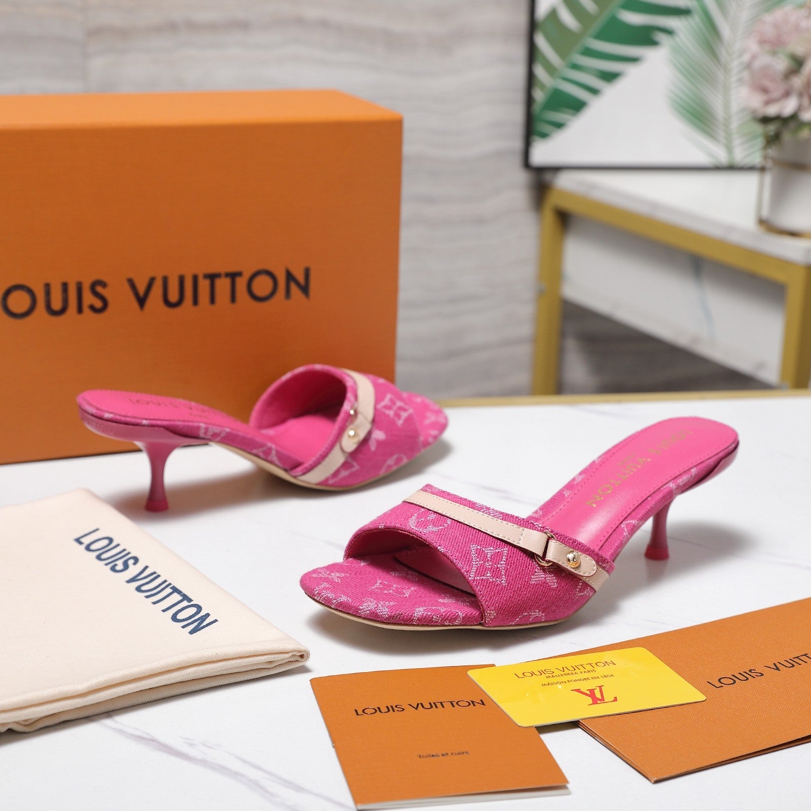 LV 26S HIGH HEELED MULES 55MM IN HOT PINK EMBROIDERED MONOGRAM CANVAS
