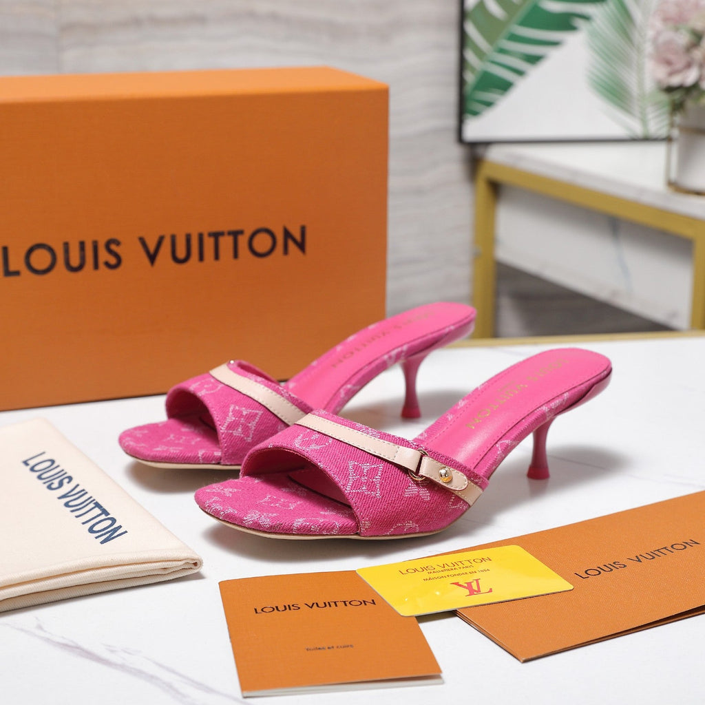 LV 26S HIGH HEELED MULES 55MM IN HOT PINK EMBROIDERED MONOGRAM CANVAS