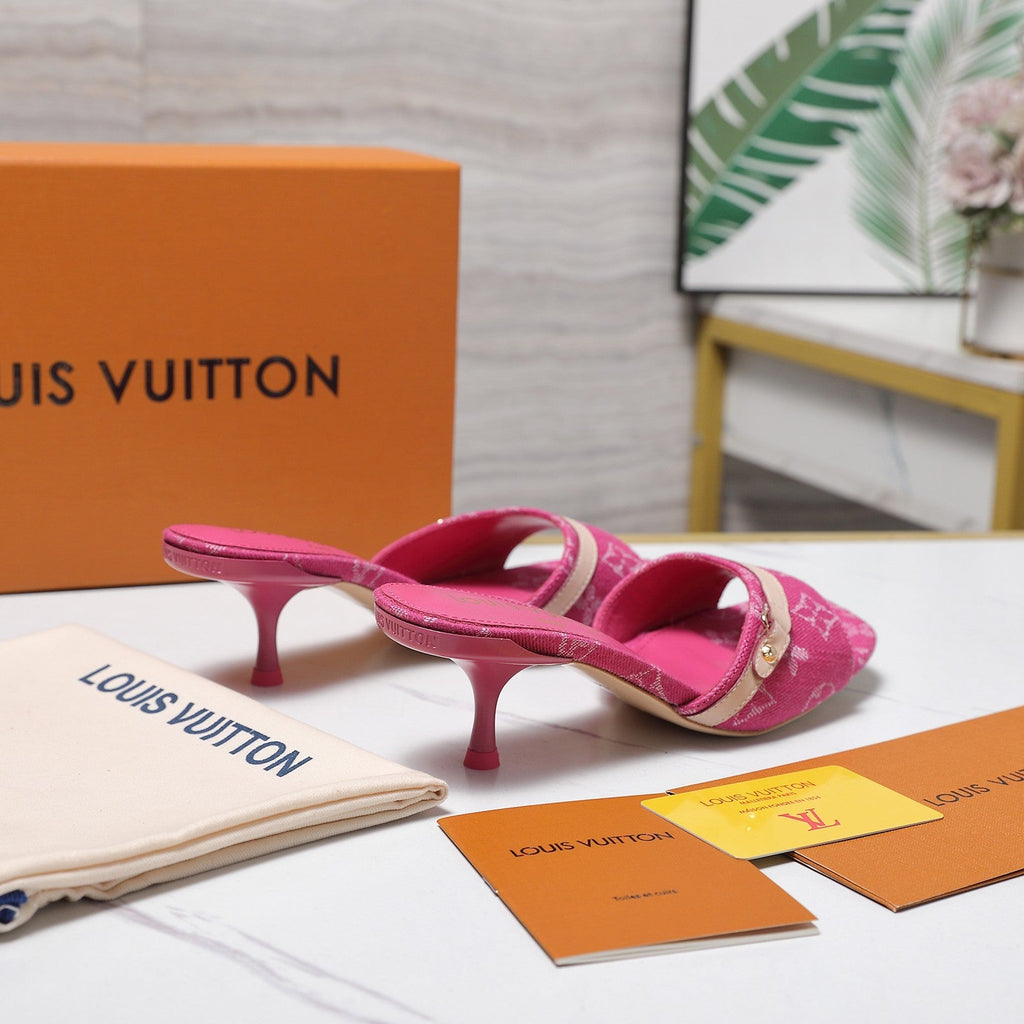 LV 26S HIGH HEELED MULES 55MM IN HOT PINK EMBROIDERED MONOGRAM CANVAS