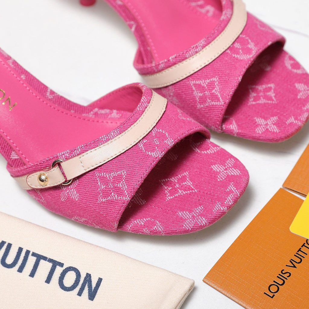 LV 26S HIGH HEELED MULES 55MM IN HOT PINK EMBROIDERED MONOGRAM CANVAS