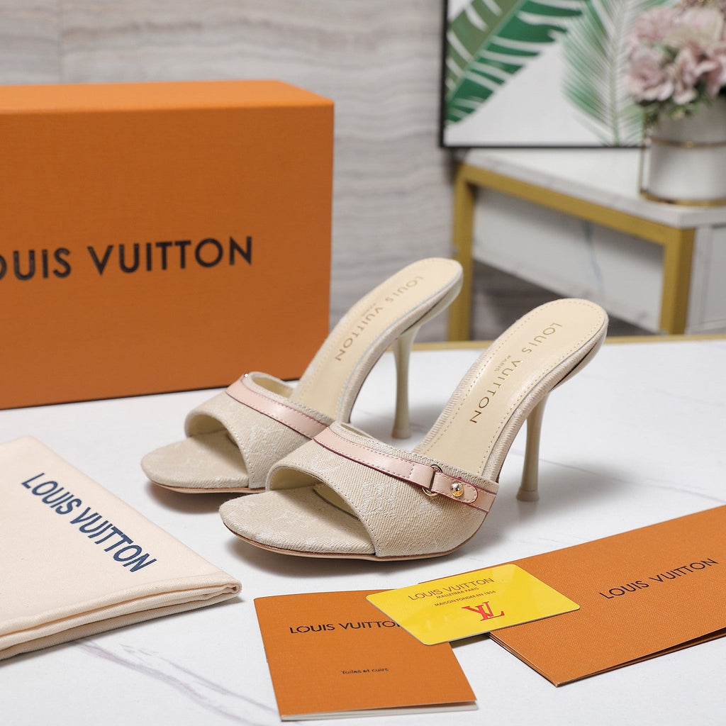 LV 26S HIGH HEELED MULES 95MM IN BEIGE EMBROIDERED MONOGRAM CANVAS