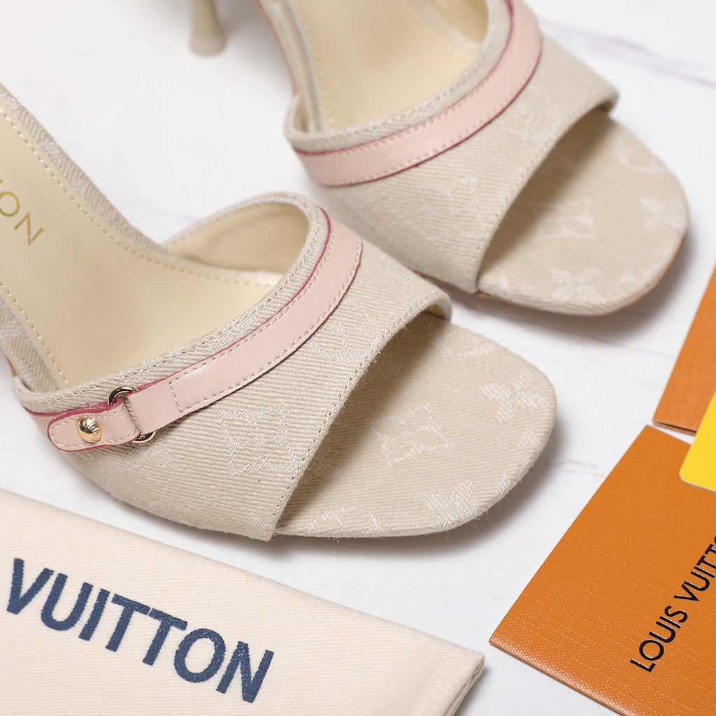 LV 26S HIGH HEELED MULES 95MM IN BEIGE EMBROIDERED MONOGRAM CANVAS