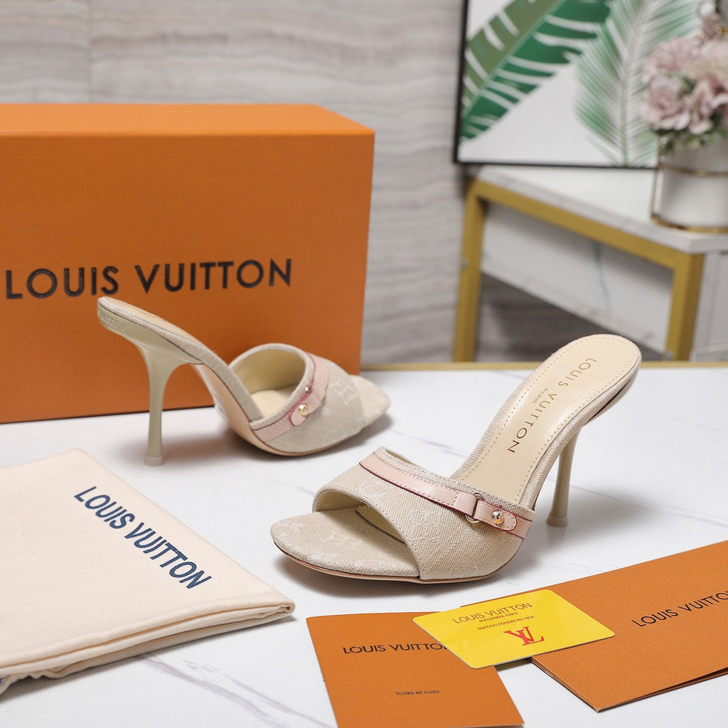 LV 26S HIGH HEELED MULES 95MM IN BEIGE EMBROIDERED MONOGRAM CANVAS