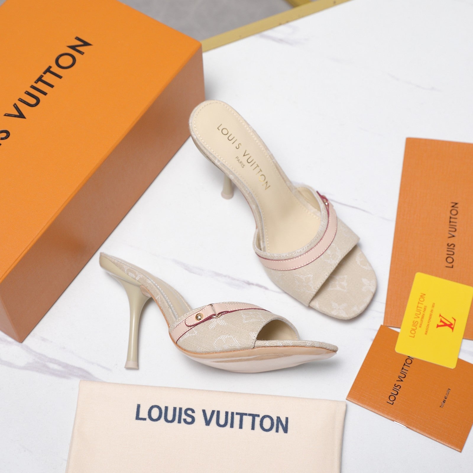 LV 26S HIGH HEELED MULES 95MM IN BEIGE EMBROIDERED MONOGRAM CANVAS