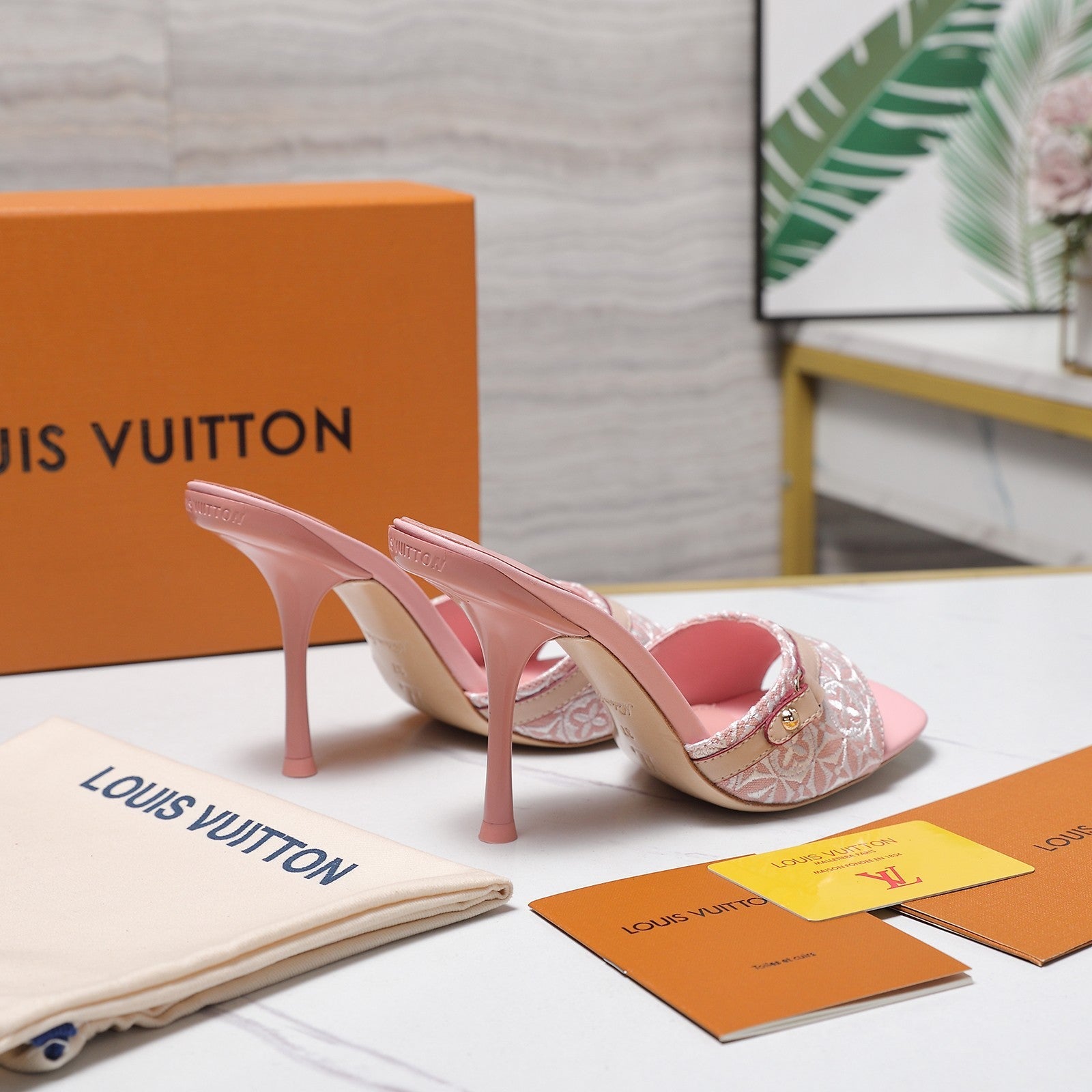 LV 26S HIGH HEELED MULES 95MM IN LIGHT PINK EMBROIDERED MONOGRAM CANVAS