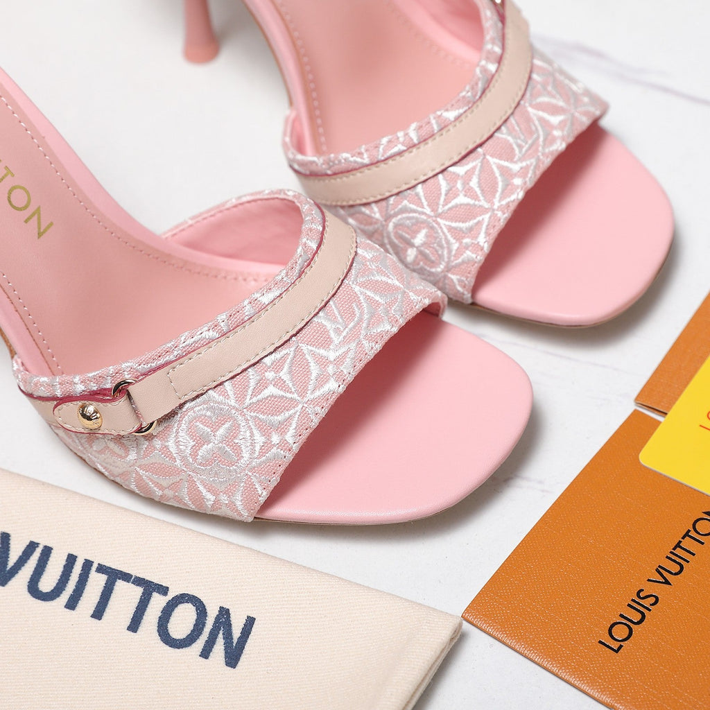 LV 26S HIGH HEELED MULES 95MM IN LIGHT PINK EMBROIDERED MONOGRAM CANVAS
