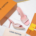 LV 26S HIGH HEELED MULES 95MM IN LIGHT PINK EMBROIDERED MONOGRAM CANVAS
