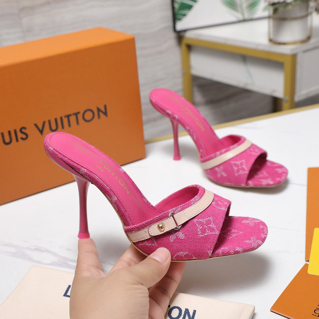 LV 26S HIGH HEELED MULES 95MM IN HOT PINK EMBROIDERED MONOGRAM CANVAS