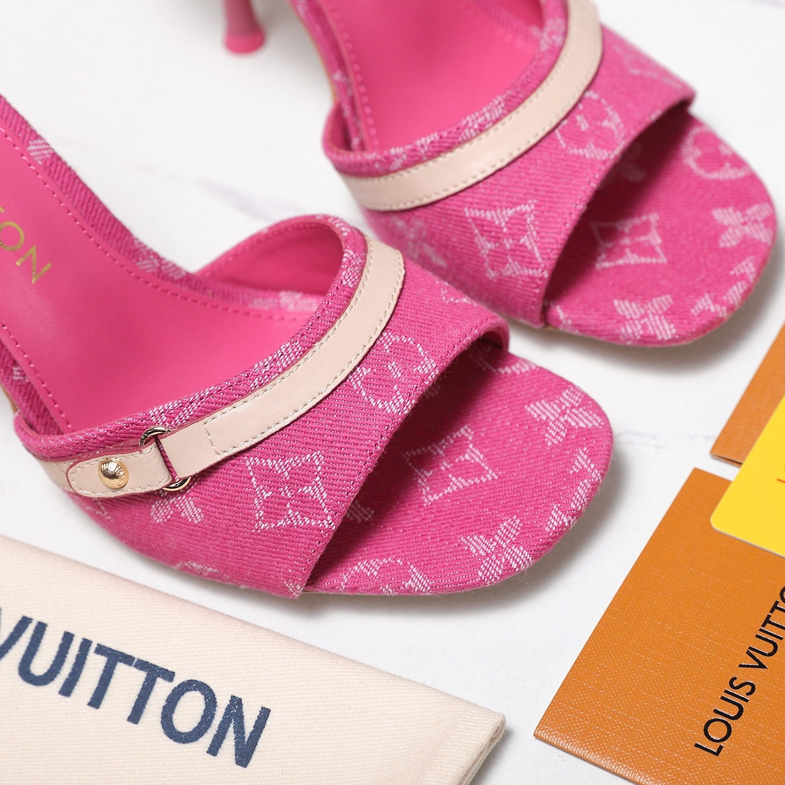 LV 26S HIGH HEELED MULES 95MM IN HOT PINK EMBROIDERED MONOGRAM CANVAS