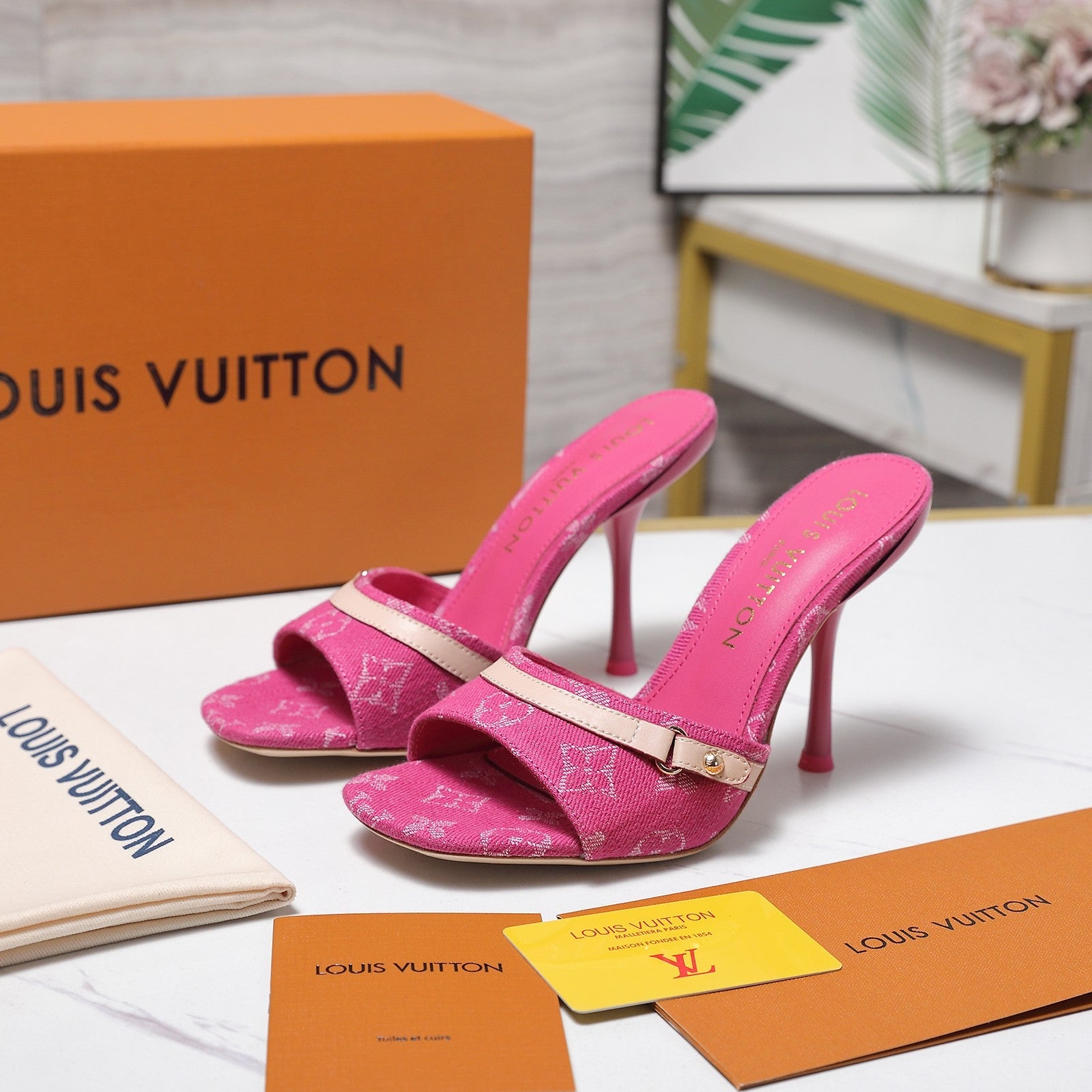LV 26S HIGH HEELED MULES 95MM IN HOT PINK EMBROIDERED MONOGRAM CANVAS