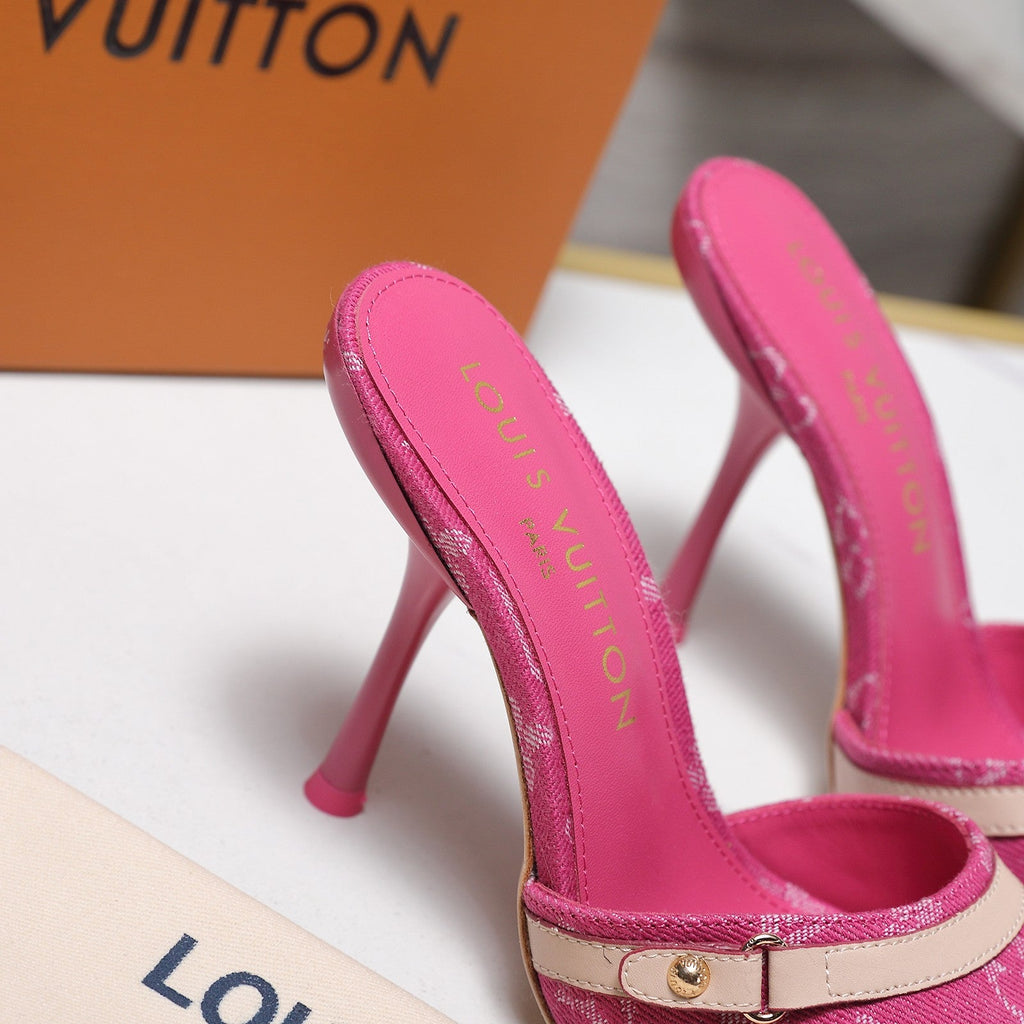 LV 26S HIGH HEELED MULES 95MM IN HOT PINK EMBROIDERED MONOGRAM CANVAS