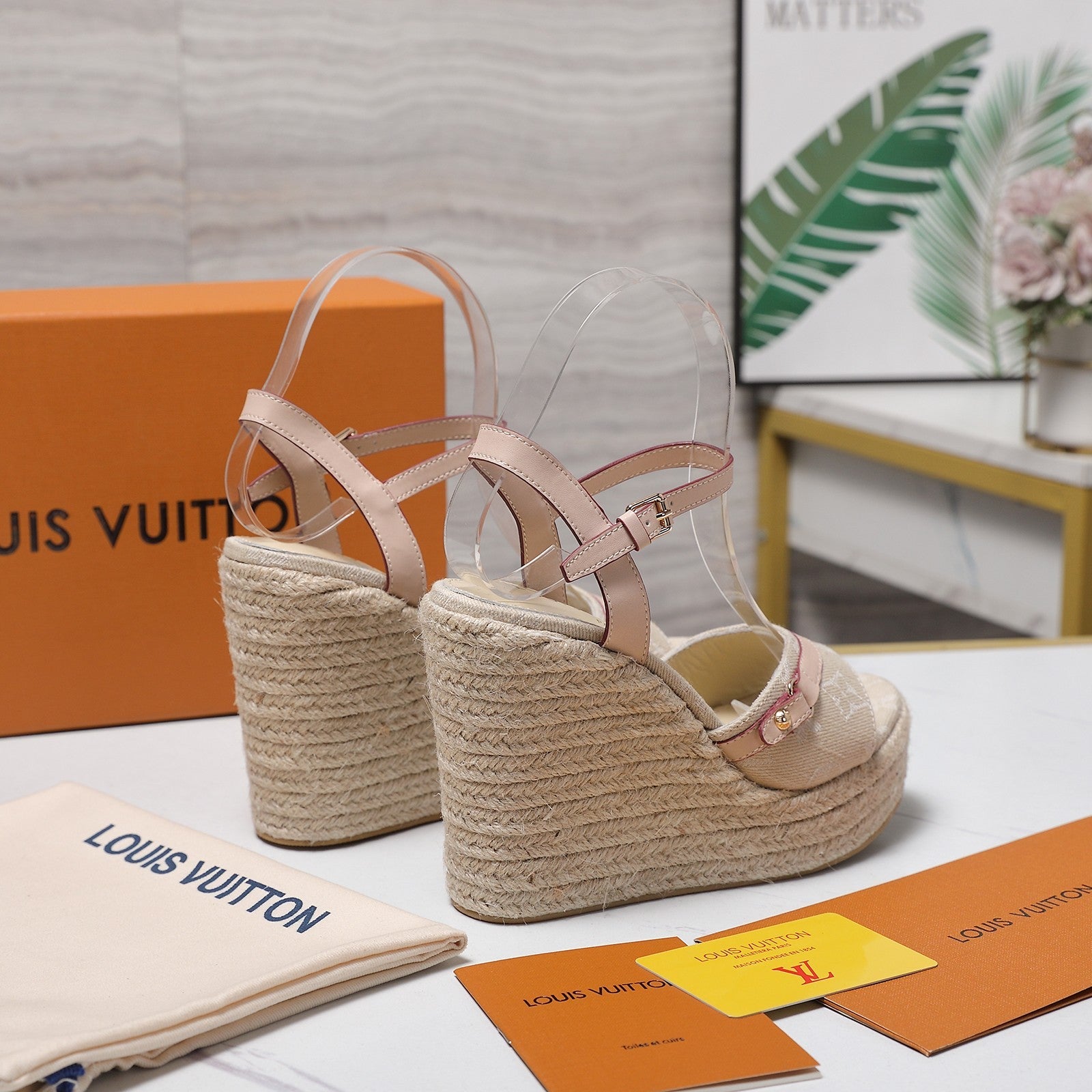 LV 26S HELIOS WEDGE SANDAL 120MM IN BEIGE DENIM