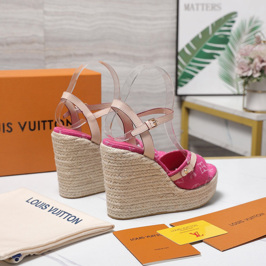 LV 26S HELIOS WEDGE SANDAL 120MM IN FUCHSIA PINK DENIM