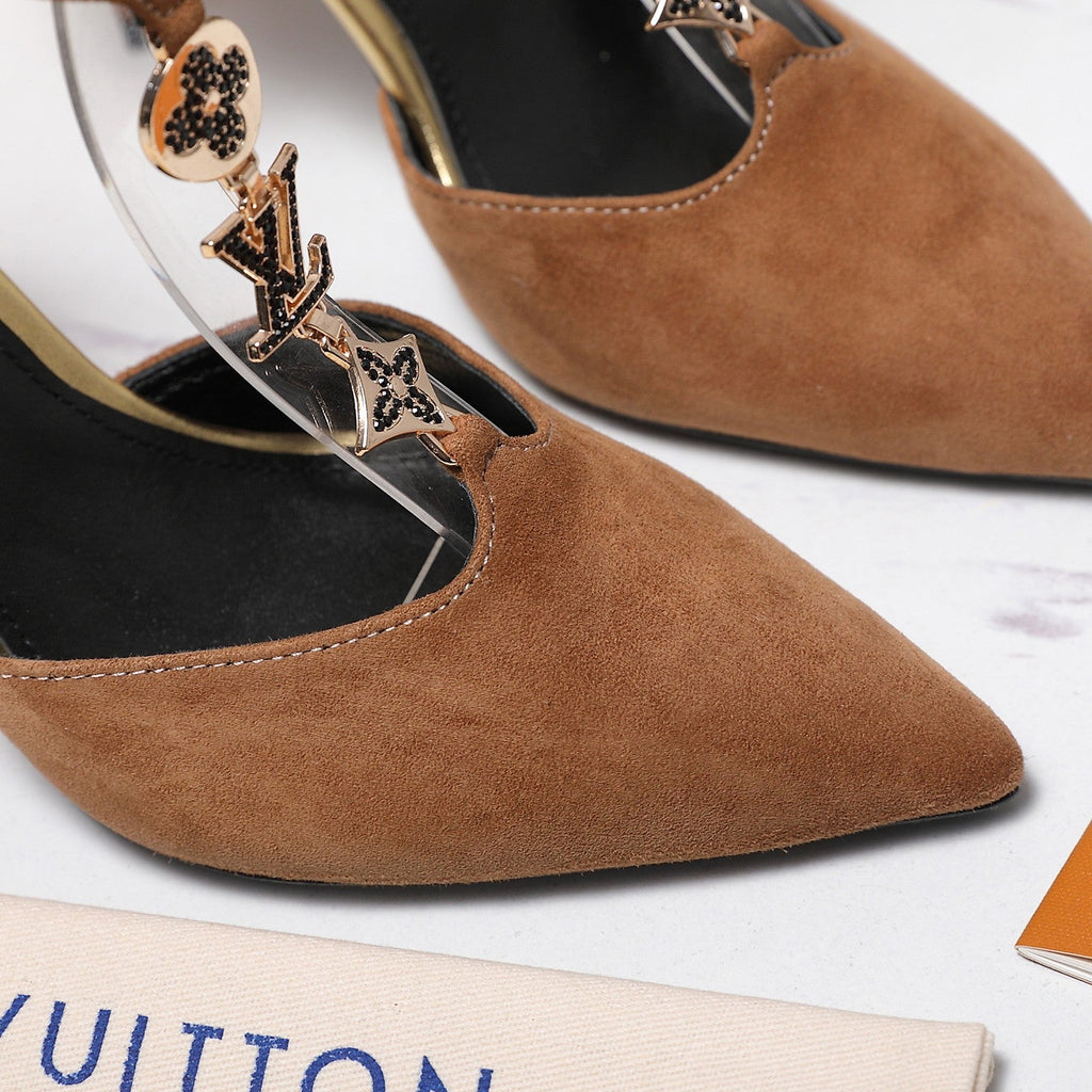 LV 26S POINTED TOE T-STRAP PUMPS 95MM IN BROWN SUEDE GOLD HARDWARE