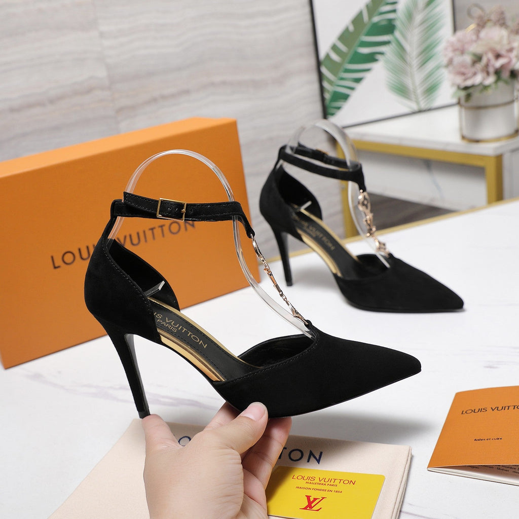 LV 26S POINTED TOE T-STRAP PUMPS 95MM IN BLACK SUEDE GOLD HARDWARE