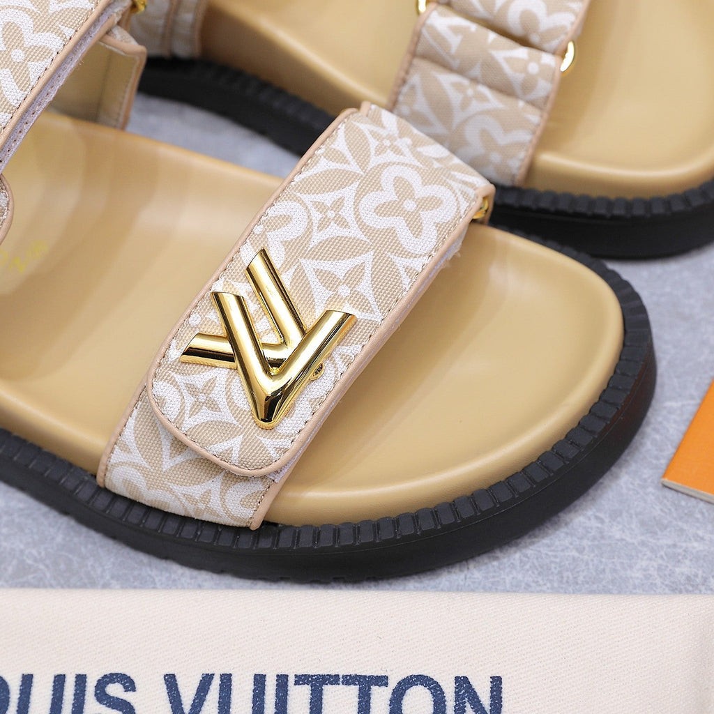 LV 26S SANDALS IN BEIGE MONOGRAM COATED FABRIC GOLD HARDWARE