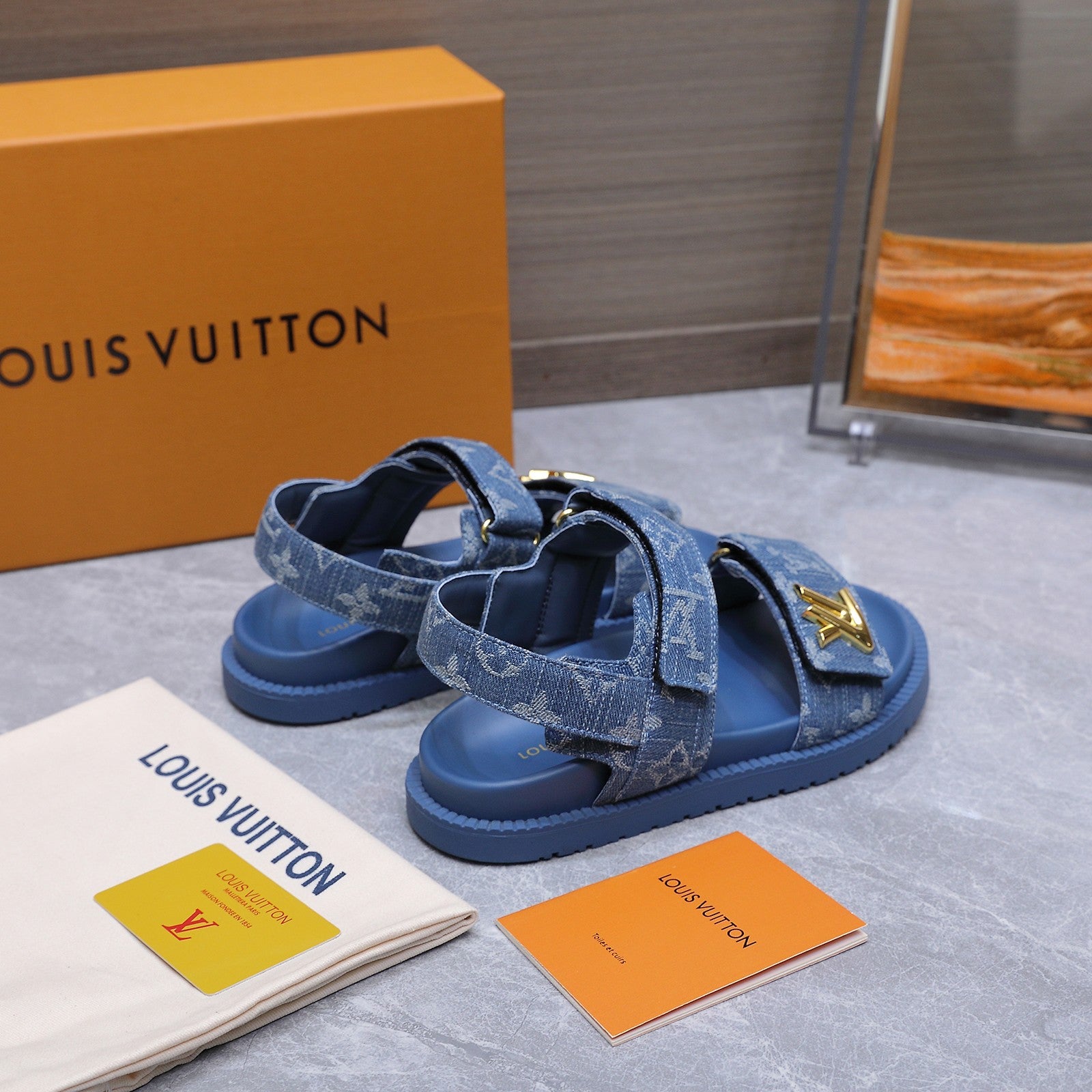LV 26S SANDALS IN BLUE MONOGRAM COATED DENIM GOLD HARDWARE